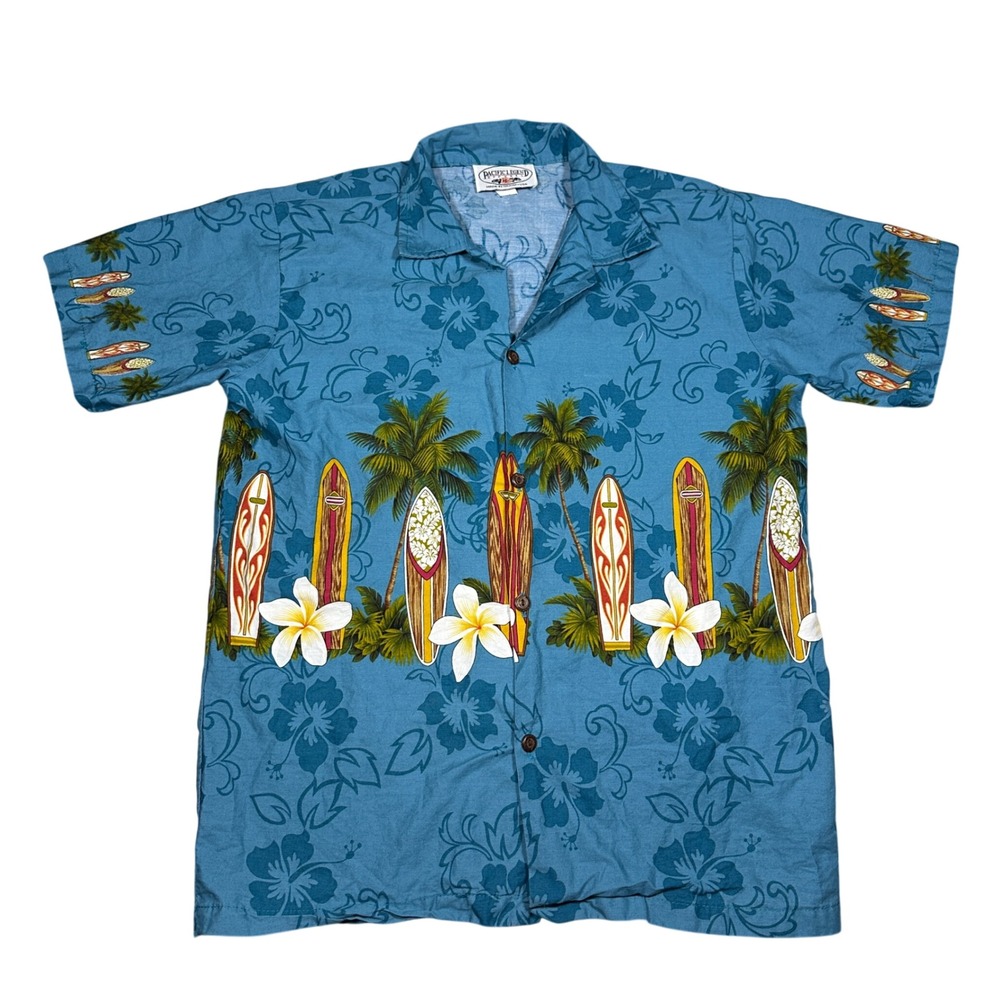 Pacific Legend Kids XL Hawaiian Shirt Blue Surfboard Plumeria Made in Hawaii USA